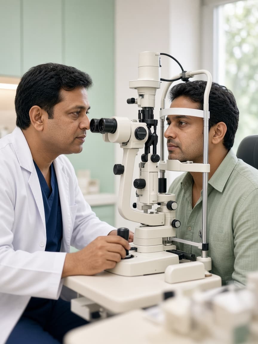 Ophthalmologist examining a patient at the slit lamp