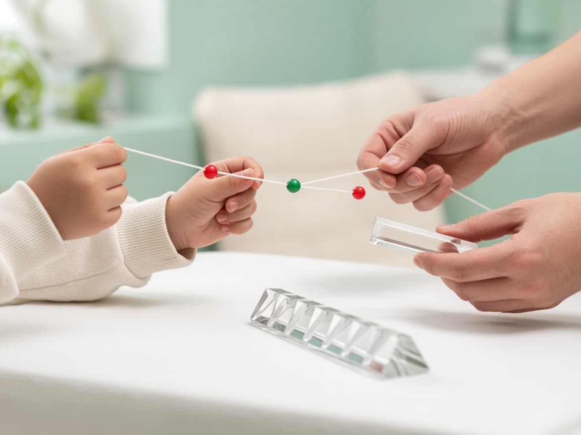 Vision therapy tools including a Brock string and prism bar